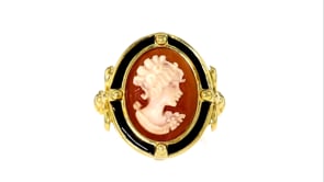 Italian Orange Shell Cameo Ring with Black Enamel in 18kt Gold Over Sterling