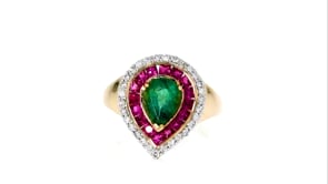 1.00 Carat Emerald, .90 ct. t.w. Ruby and .24 ct. t.w. Diamond Ring in 14kt Yellow Gold