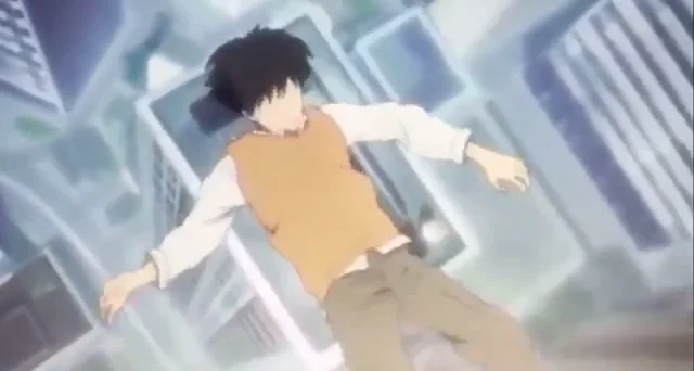 Anime character jumping off building