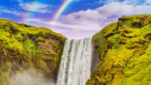 waterfall, rainbow, cliff