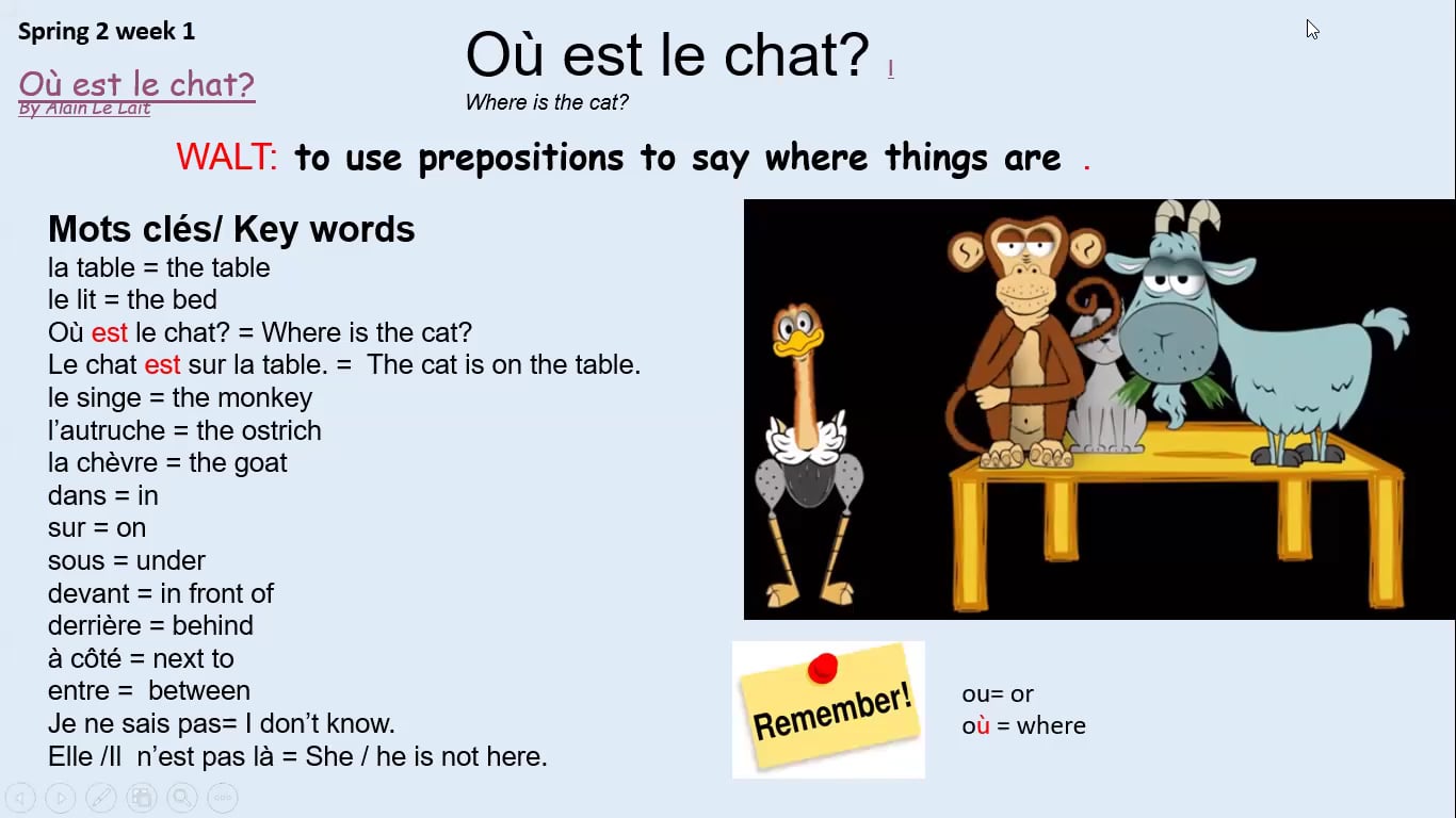 French- year 3- spring 2- week 1- Home learning and School- prepositions