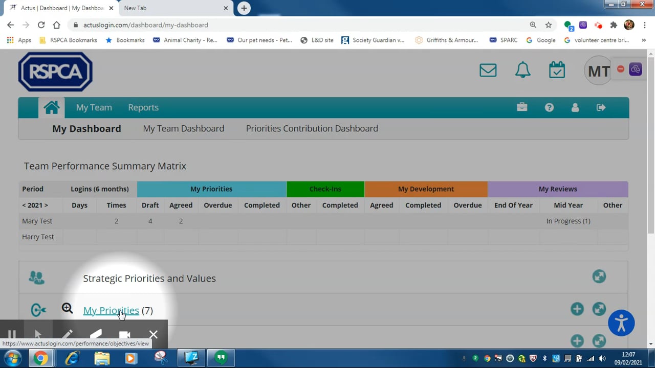 Actus - Dashboard view once Priorities have been entered