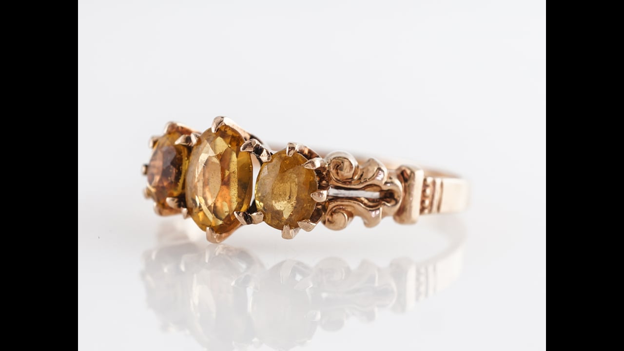 Victorian Three Stone Citrine Ring in 14k Yellow Gold – Filigree