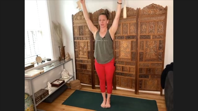 Modified Utkatasana to Uttanasana (variation on chair to forward fold) - instructional video with a belt