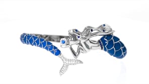 50 ct. t.w. White Topaz and .10 ct. t.w. Simulated Sapphire Mermaid Bangle Bracelet with Blue Enamel in Sterling Silver