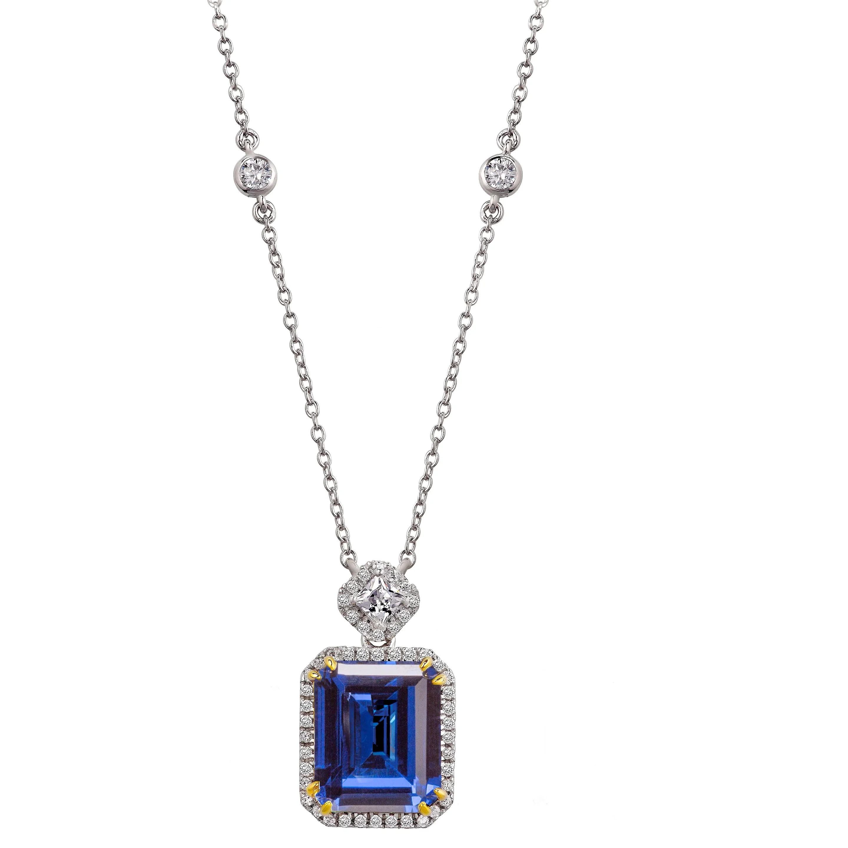 Sapphire-Hued Emerald-Cut Station Necklace with 18 KGP Prongs-Bling by ...