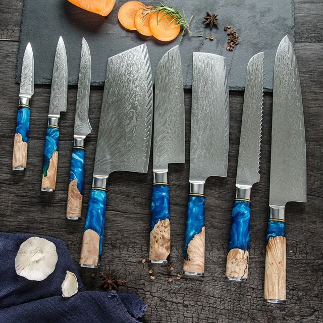 New kitchen knife Set Exquisite blue resin handle Damascus pattern Chef  knives