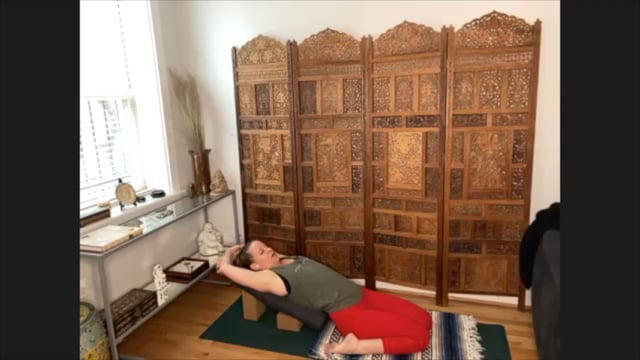 Supta Virasana (reclined hero's pose) - instructional video with 2 blocks, 1 bolster and 1 blanket...and a version with a chair!