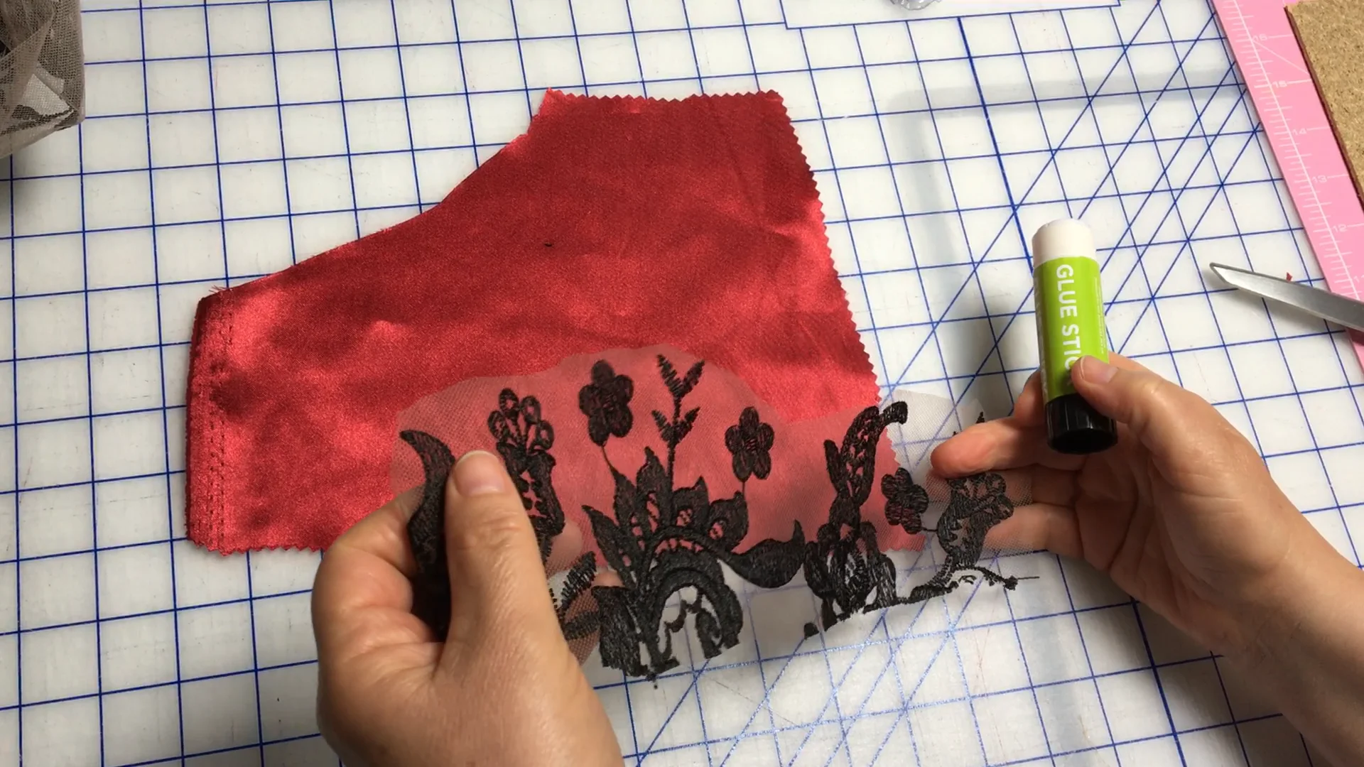 Julie C glue lace to satin backing