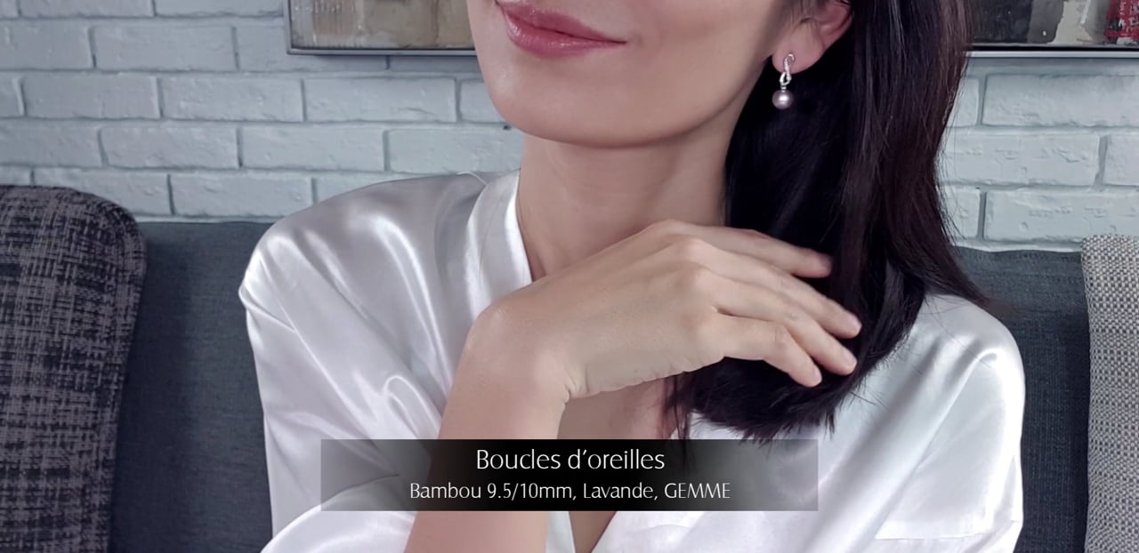 Orecchini Bambù - Oro Bianco, Diamanti & Perle Akoya 9.5/10mm, Lavanda, GEMME | Gemperles