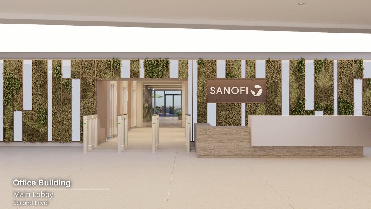 Sanofi Headquarters, Cambridge MA — HOK, Sanofi. Corporate campus animation across arrival, lobby, and workplace floors.