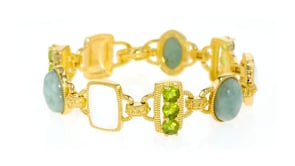 Jade, 4.00 ct. t.w. Peridot and White Enamel Link Bracelet in 18kt Gold Over Sterling