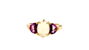 Opal and .80 ct. t.w. Pink Topaz Ring in 14kt Yellow Gold
