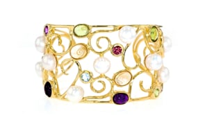 9mm Cultured Pearl and 13.60 ct. t.w. Multi-Gem Swirl Cuff Bracelet in 18kt Gold Over Sterling