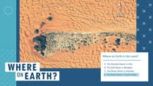 Against a blue background is a satellite image of a desert. To the lower right of the image is a white box with text. Toward the bottom left corner is the "Where on Earth?" logo.