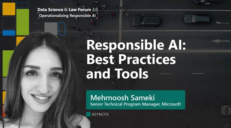 Thumbnail for event recording, showing a speaker portrait and the keynote title: 'Responsible Al: Best Practices and Tools' with Mehrnoosh Sameki, Senior Technical Program Manager, Microsoft 