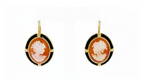Italian Orange Shell Cameo Drop Earrings with Black Enamel in 18kt Gold Over Sterling