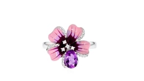 70 Carat Brazilian Amethyst and .10 ct. t.w. White Topaz Flower Ring with Multicolored Enamel in Sterling Silver