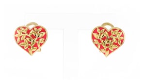 18kt Gold Over Sterling and Red Enamel Heart Leaf Vine Earrings