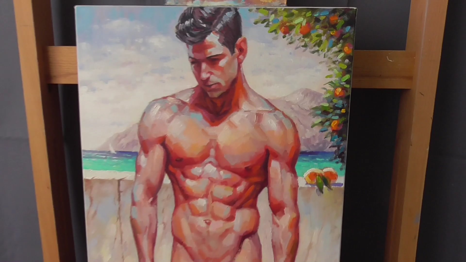 SUNNY DAY by Yaroslav Sobol (Modern Impressionistic Figurative Oil painting  of a Man Nude Male Model Gift Home Decor Sea Water)