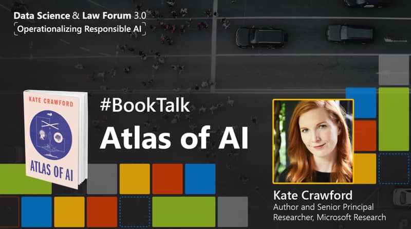 Thumbnail for event recording, showing a book cover, speaker portrait and the session title: '#BookTalk: Atlas of AI' with author Kate Crawford