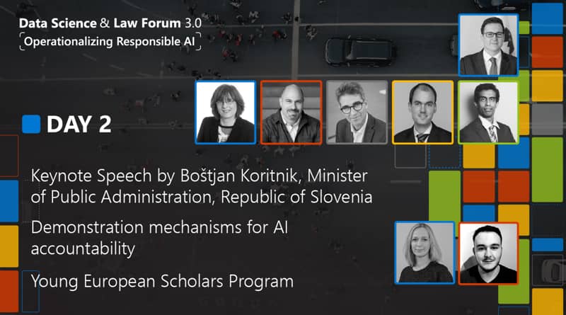 Thumbnail for event recording of day 2, showing speaker portraits and the session titles: 'Keynote Speech by Boštjan Koritnik, Minister of Public Administration, Republic of Slovenia', 'Demonstration mechanisms for AI accountability', 'Young European Scholars Program'