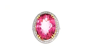 20.00 Carat Pink Topaz and .52 ct. t.w. Diamond Ring in 14kt Yellow Gold
