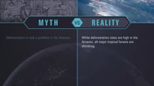 A simple chart with two columns, each with a header image: a mythical drawing on the left and a satellite image of Earth on the right. The "Myth vs. Reality" logo appears toward the chart's top, with "Myth" positioned at the top of the left column, and "Reality" positioned at the top of the right column. Both columns have text.