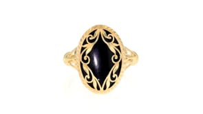 Black Onyx Scroll Ring in 14kt Yellow Gold