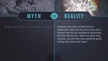 A simple chart with two columns, each with a header image: a mythical drawing on the left and an image of a supernova on the right. The "Myth vs. Reality" logo appears toward the chart's top, with "Myth" positioned at the top of the left column, and "Reality" positioned at the top of the right column. Both columns have text.