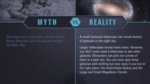 A simple chart with two columns, each with a header image: a mythical drawing on the left and an image of a galaxy on the right. The "Myth vs. Reality" logo appears toward the chart's top, with "Myth" positioned at the top of the left column, and "Reality" positioned at the top of the right column. Both columns have text.