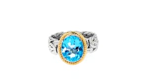 4.10 Carat Swiss Blue Topaz Byzantine Ring in Sterling Silver and 14kt Yellow Gold