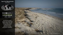 In the top left is title text that reads "Cape Cod, Massachusetts, United States." Just below is a map of the world with a small red dot marking the location of Cape Cod. Further below is the "World of Change" logo, which has text underneath it. To the right is an image of a barrier beach.