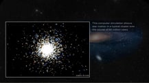 Image of a galaxy overlaid with an image of a simulated star cluster. Text at right reads "This computer simulation shows star motion in a typical cluster over the course of 50 million years."