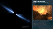 At left is an image of a circumstellar disk. At top right is title text that reads "A U Microscopii, Constellation Microscopium." Just below is an artist's concept of a circumstellar disk. More text appears below.