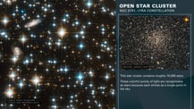 At left is a swath of space with various points of light, yellow-white and blue-white stars with diffraction spikes, and spiral galaxies. At top right is text that reads "Open Star Cluster, NGC 6791, Lyra Constellation." Just below is an image showing a ground-based view of the star cluster. More text appears below.