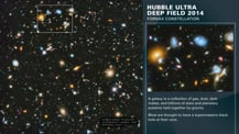 At left is an image of a field of galaxies as observed by the Hubble Space Telescope. A white box highlights an area toward the top center left. At top right is title text that reads "Hubble Ultra Deep Field 2014, Fornax Constellation." Just below is an image that shows a magnified view of the area highlighted in the white box. More text appears below.