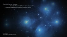 Image of Pleiades as seen by the Palomar Observatory. Text appears in the top and bottom left corners.