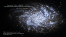 Image of the Triangulum Galaxy (M33) as seen by the Galaxy Evolution Explorer (GALEX) Mission in ultraviolet light. Text appears in the top and bottom left corners.