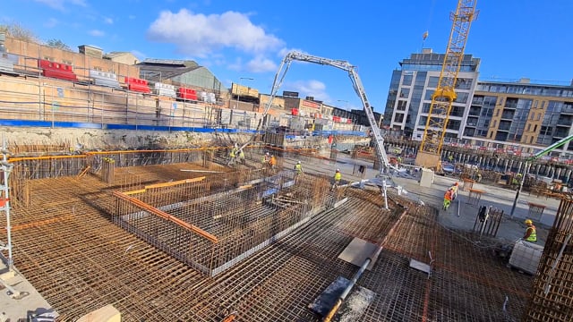 Erne Concrete Pumping | The 18m Spider Boom in action on a large basement slab pour, Dublin
