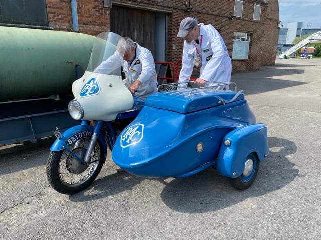 Graham, Tiny and the 1962 Norton 500 RAC patrol motorcycle and sidecar