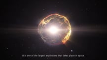 Artist's concept of a supernova explosion. Text at bottom reads "It is one of the largest explosions that takes place in space."