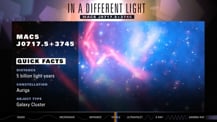 Framed image of MACS J0717.5+3745. Text at top reads "In a Different Light, MACS J0717.5+3745." A list of facts is overlaid on the left side of the image.