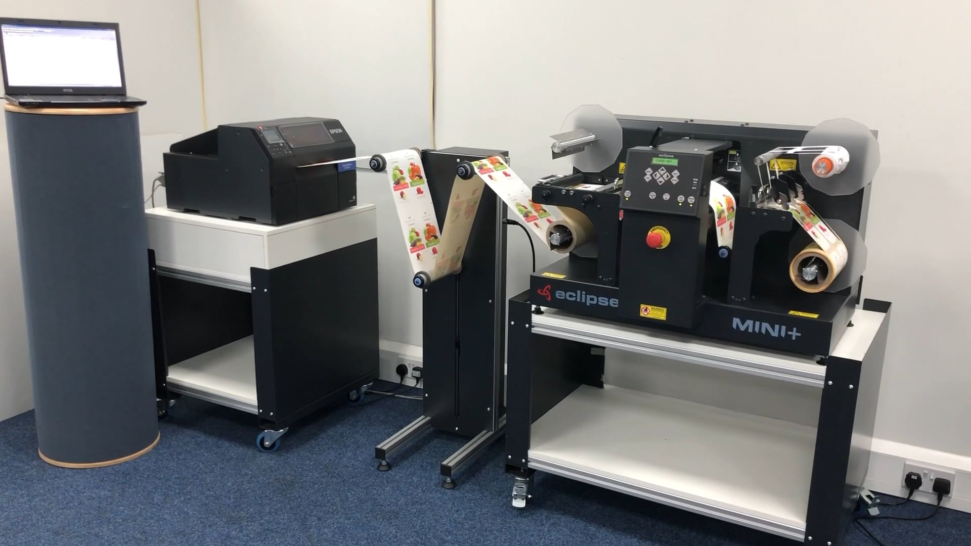 Label printer Epson 6500 with inline finisher Eclipse Mini+ on Vimeo