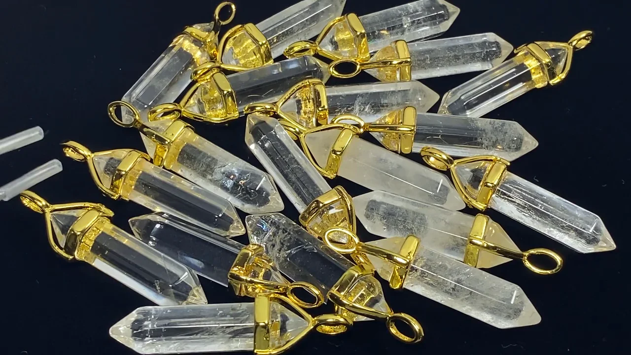 クリスタル ダブルポイント ペンダントトップ32×8×8mm ゴールドカラー