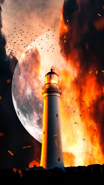 Moon, Lighthouse, Smoke, Flames, Fog