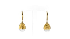 9mm Cultured Pearl Beehive Drop Earrings in 18kt Gold Over Sterling