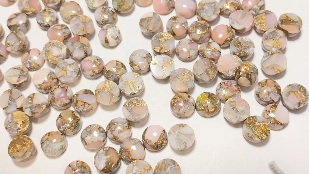 動画】コッパーピンクオパールAAA ラウンド カボション8.5×8.5mm 5個