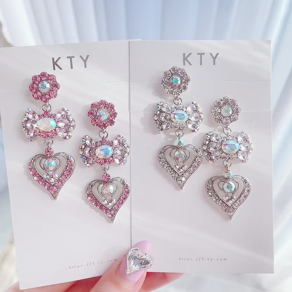 Twinkle Flower Ribbon Heart ピアス&イヤリング/Crystal Aurora