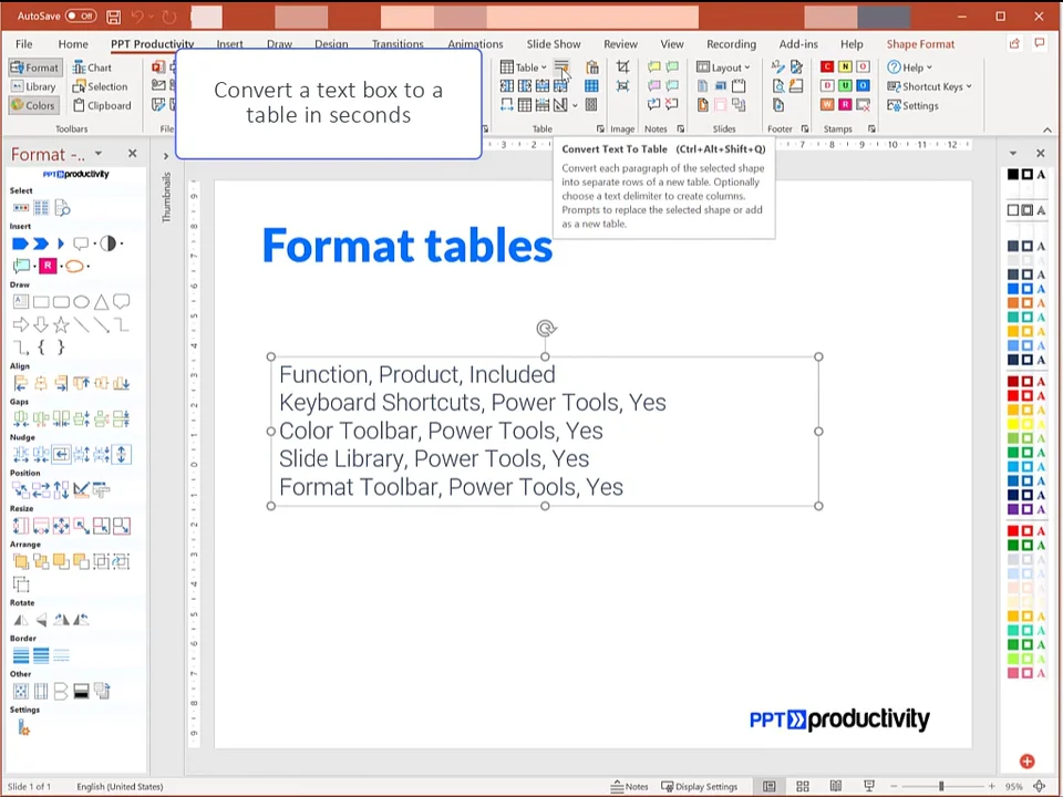 Convert a textbox into a powerpoint table with one click using ppt